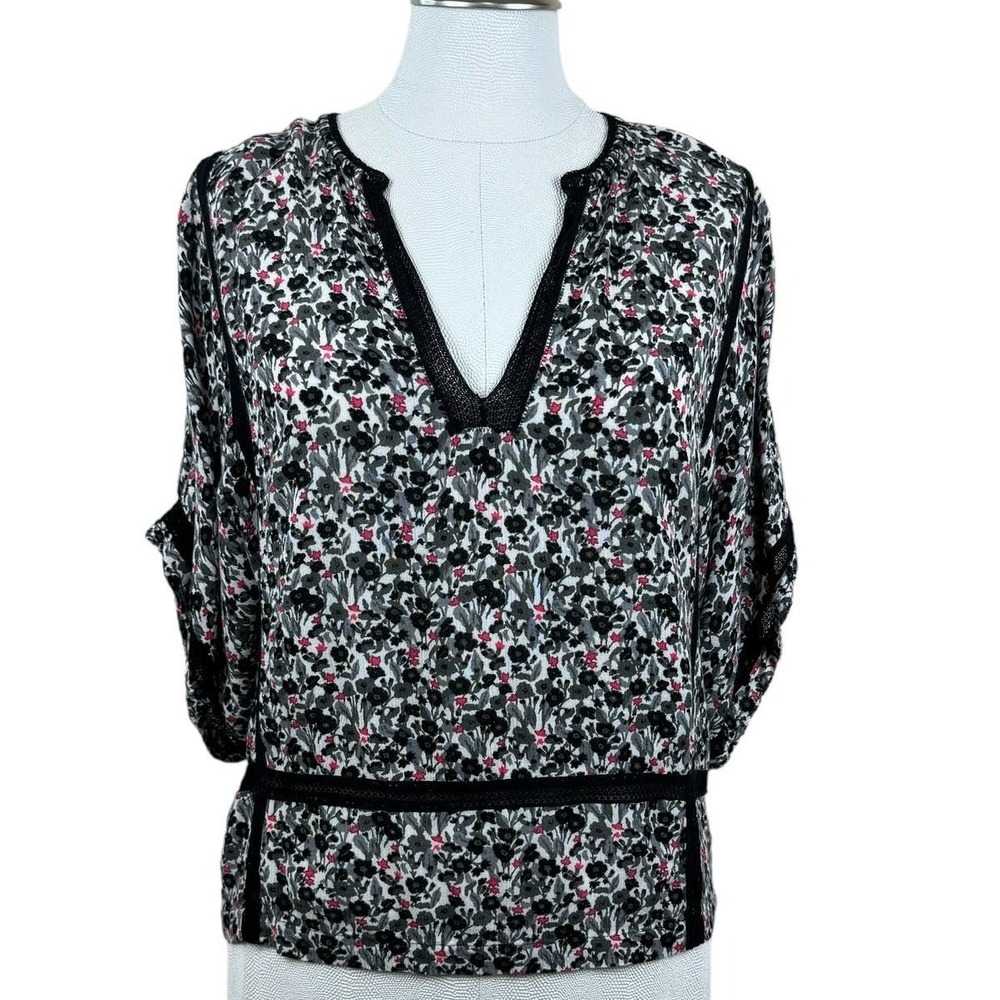 Zadig &‎ Voltaire Womens Blouse XS Floral Print Top V-Neck 3/4 Sleeve Black Trim